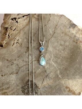 Sterling Silver 925 Dainty Teardrop Larimar Drop Pendant Necklace 17.75"